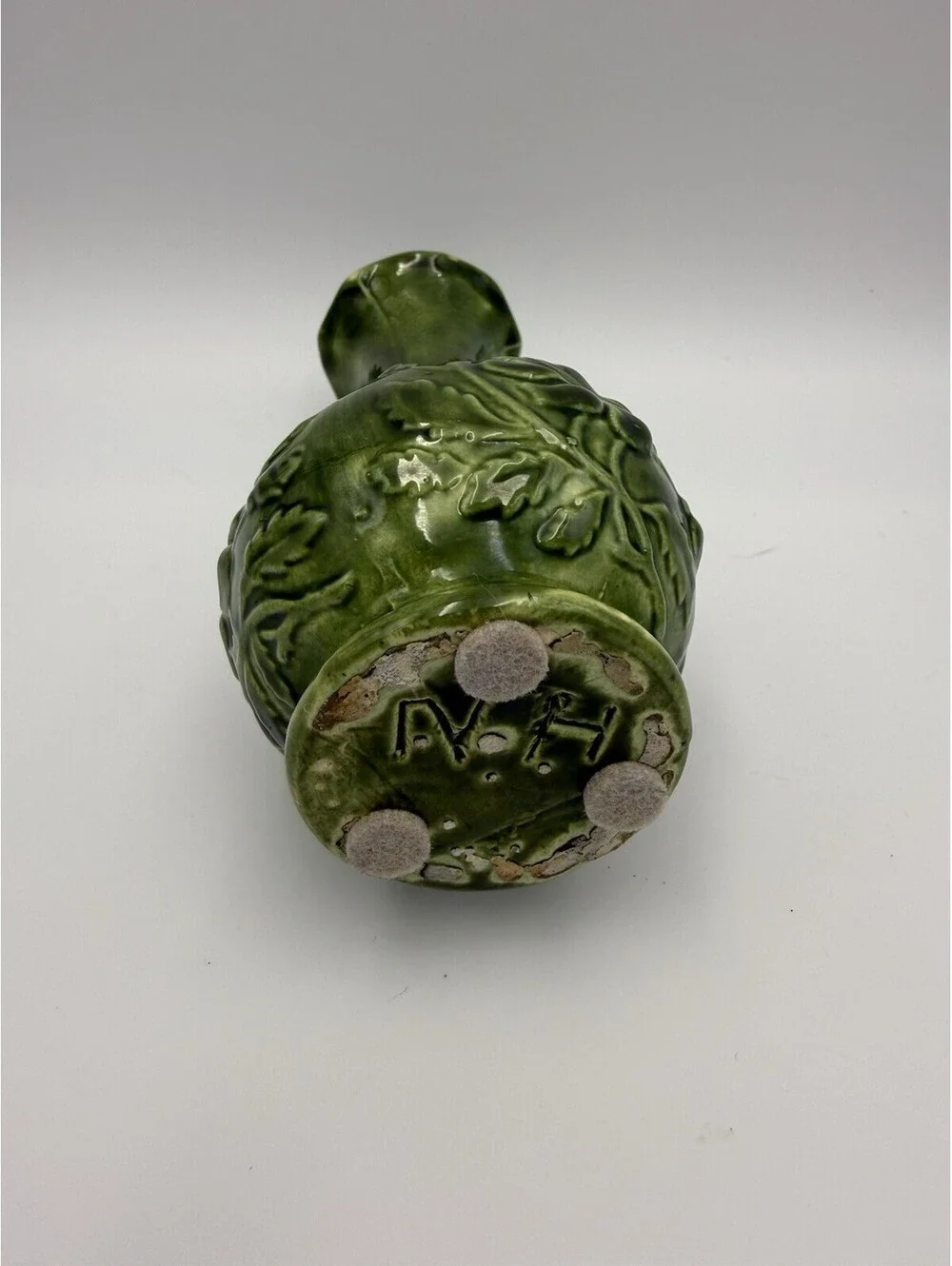 Vintage Green Floral Handmade Signed Vase 6”